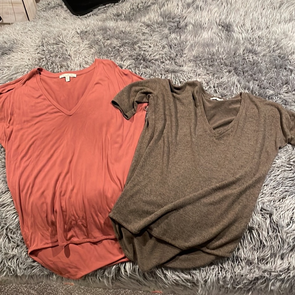 Two Express One Eleven shirts. One olive green “sweater” feel and one rust color